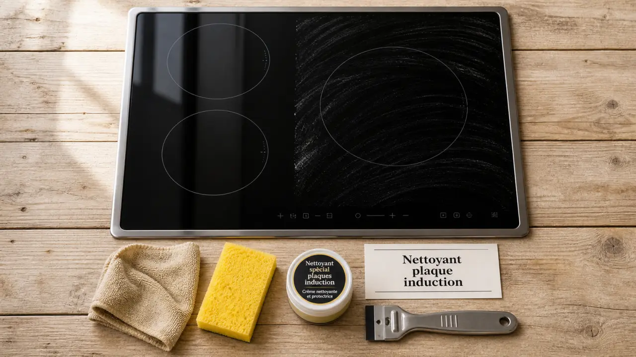 Nettoyant pour plaque induction et éponge non abrasive, plaque vitrocéramique noire nettoyée