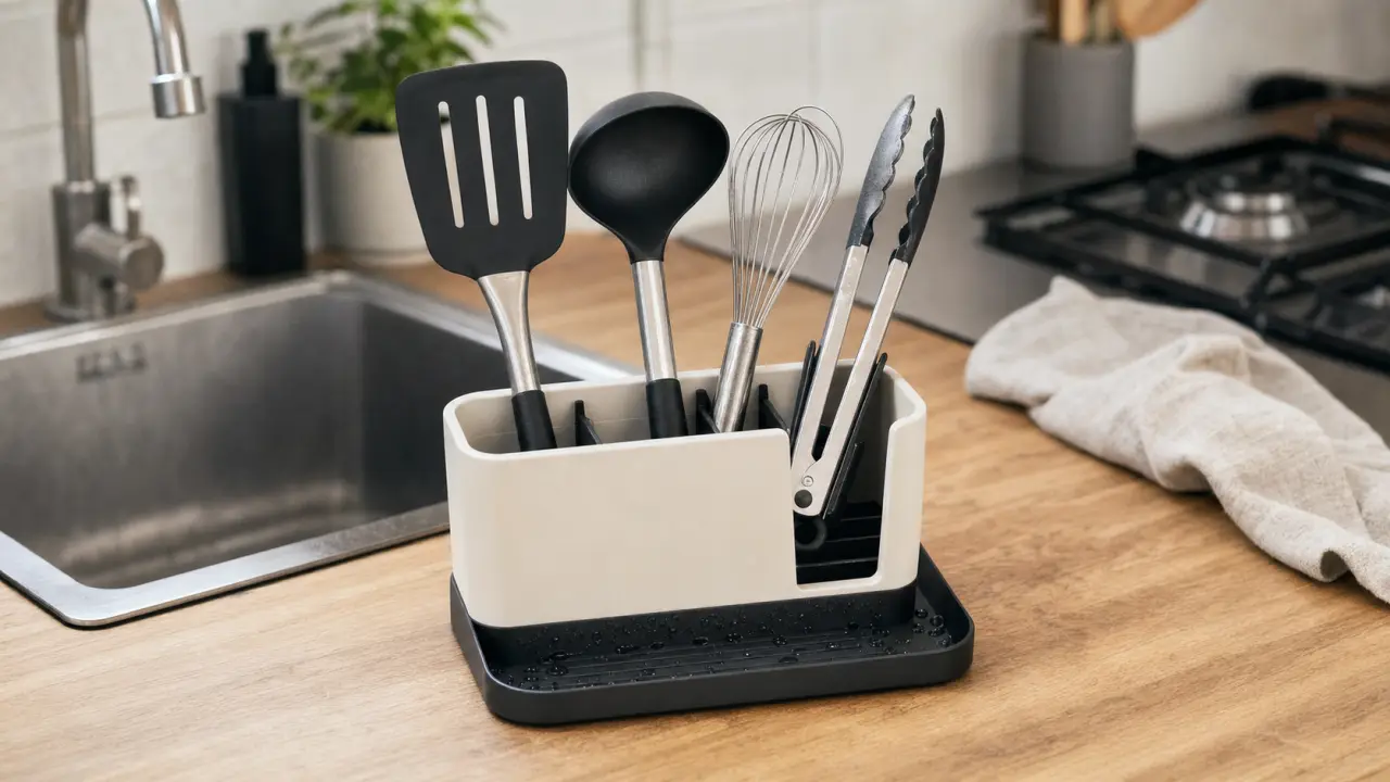 Porte ustensiles cuisine avec fentes de drainage et base antidérapante