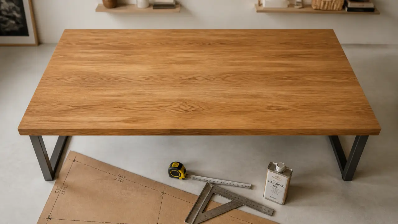Table en plan de travail : plateau stratifié effet bois et pieds acier