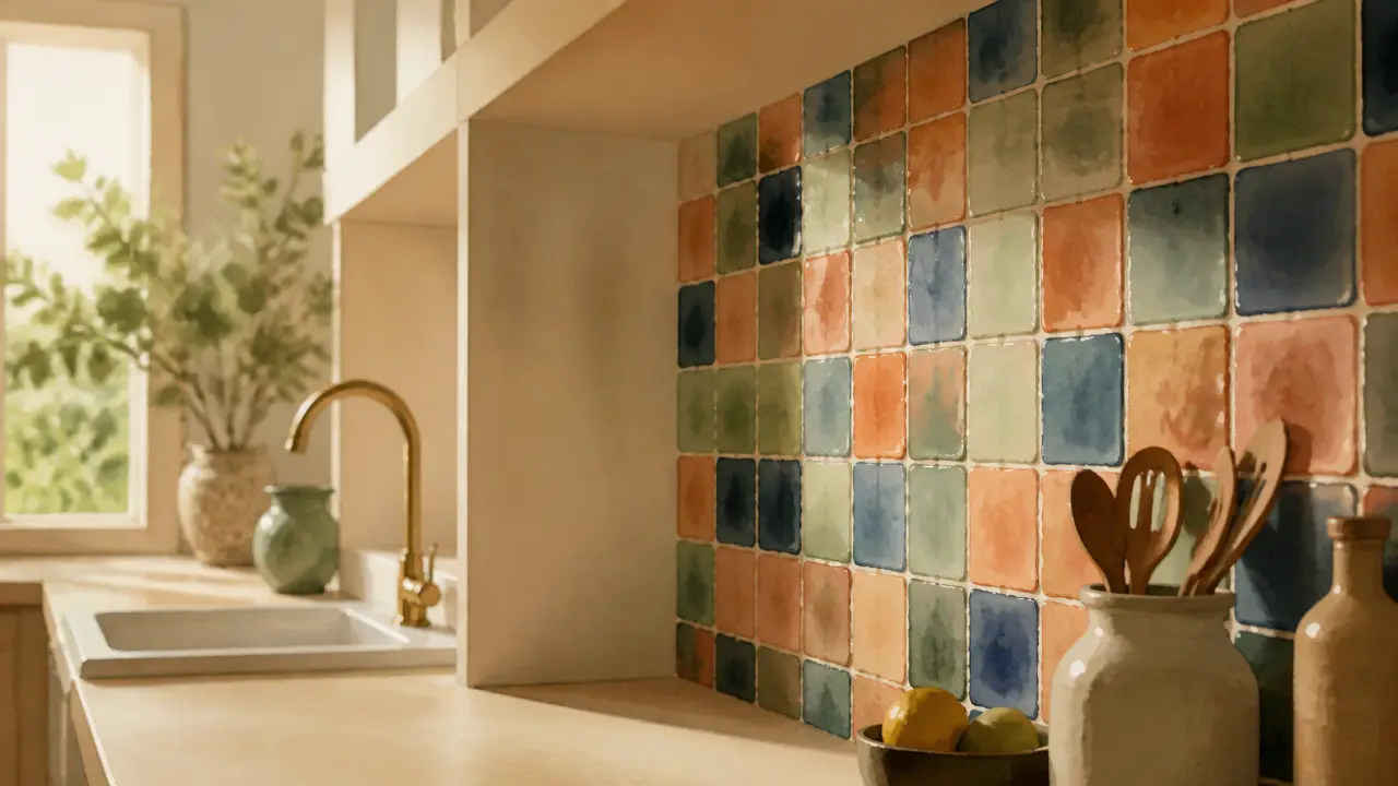 Tendance papier peint cuisine : papier peint vinyle effet zellige terracotta, cuisine lumineuse