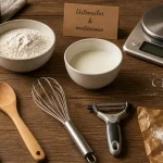 Ustensiles de cuisine sur table : spatule, cuillère, fouet, éplucheur et passoire