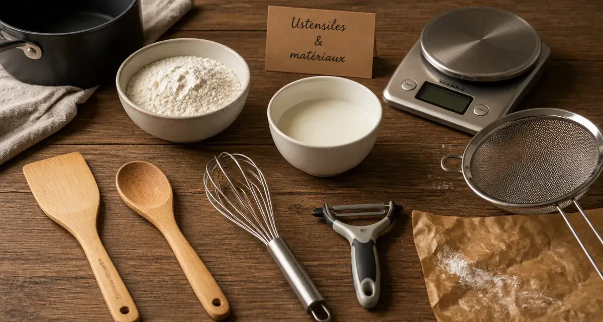 Ustensiles de cuisine sur table : spatule, cuillère, fouet, éplucheur et passoire