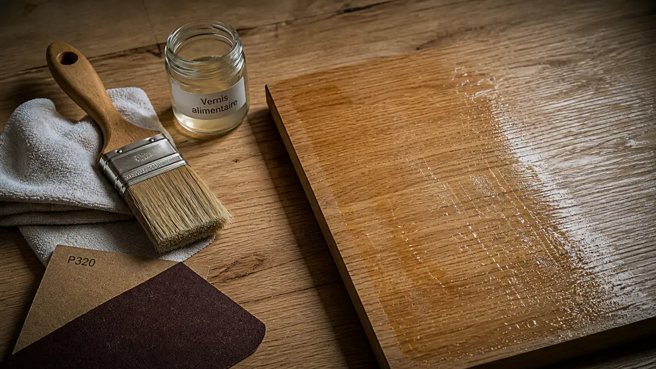 Vernis bois alimentaire sur table en chêne, pinceau et chiffon
