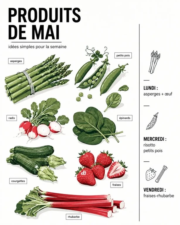 Idées repas mai avec produits de saison sur une table, asperges, petits pois, radis et fraises