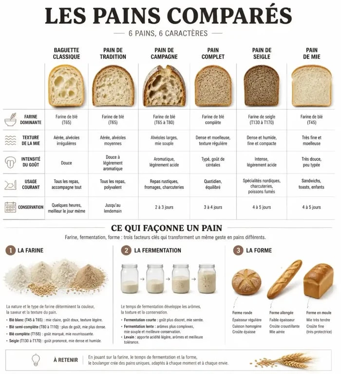 Infographie comparative des différents pains, de la baguette au pain complet et au pain de seigle