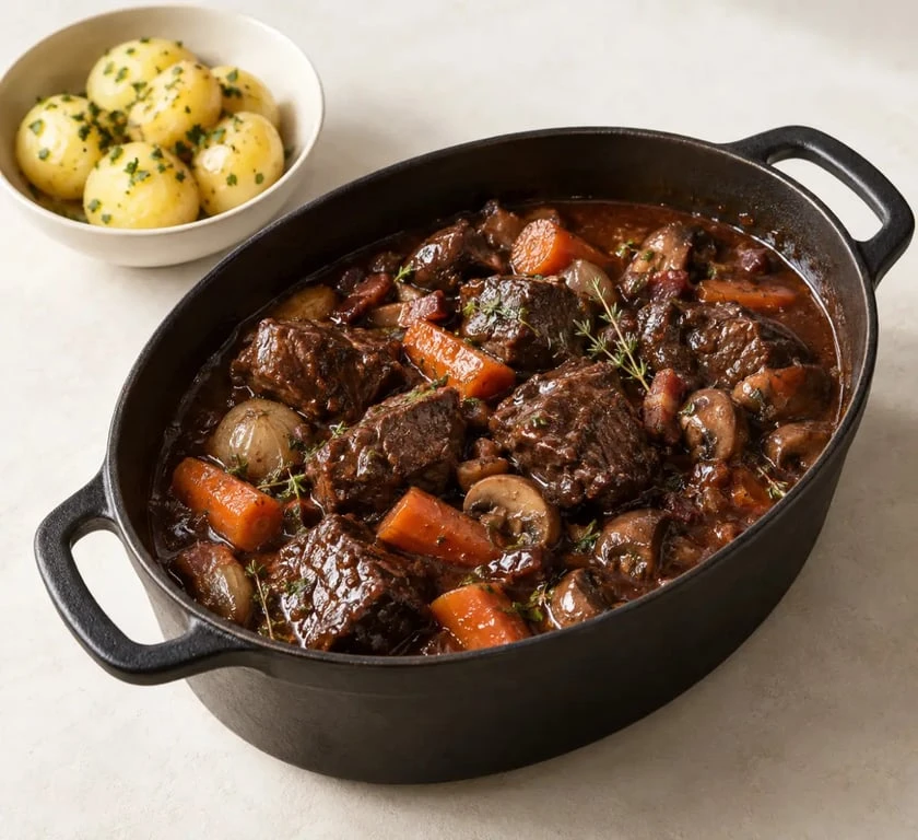 Recette avec vin rouge : bœuf mijoté au vin rouge avec carottes et champignons