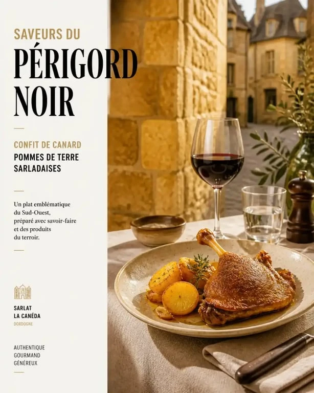 Table de restaurant périgord noir routard avec confit de canard et pommes de terre sarladaises