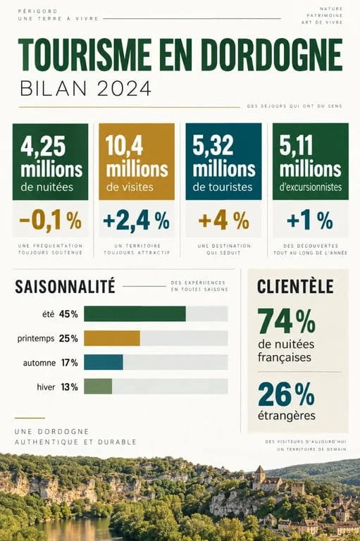 Infographie du tourisme en Dordogne en 2024 avec nuitées, visites, touristes et excursionnistes