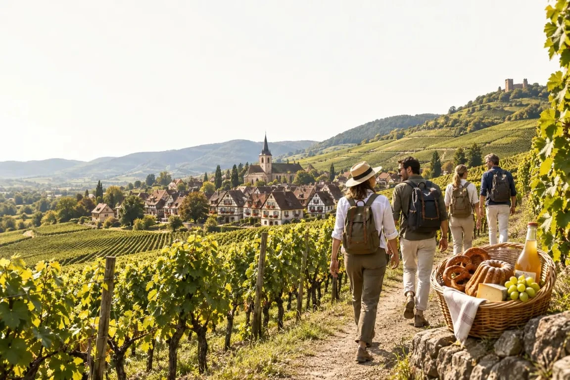 Randonnée gourmande en Alsace entre vignobles, village fleuri et produits régionaux