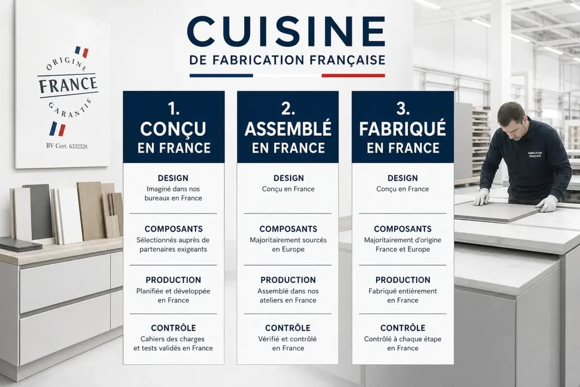 Cuisine fabrication française : comparaison entre conçu, assemblé et fabriqué en France