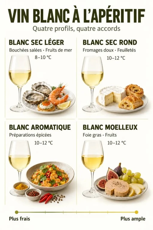 Infographie sur le vin blanc à l’apéritif avec profils, accords et températures de service