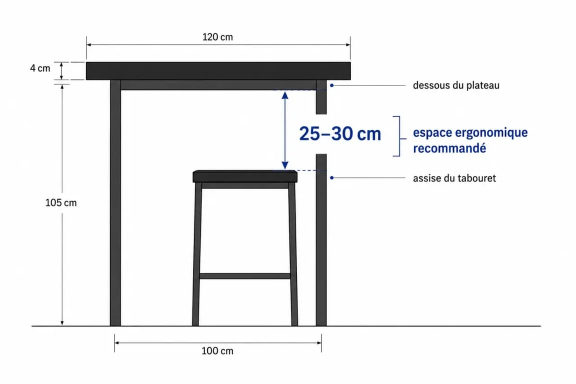 Ergonomie et espace pour les jambes sous une table haute de cuisine