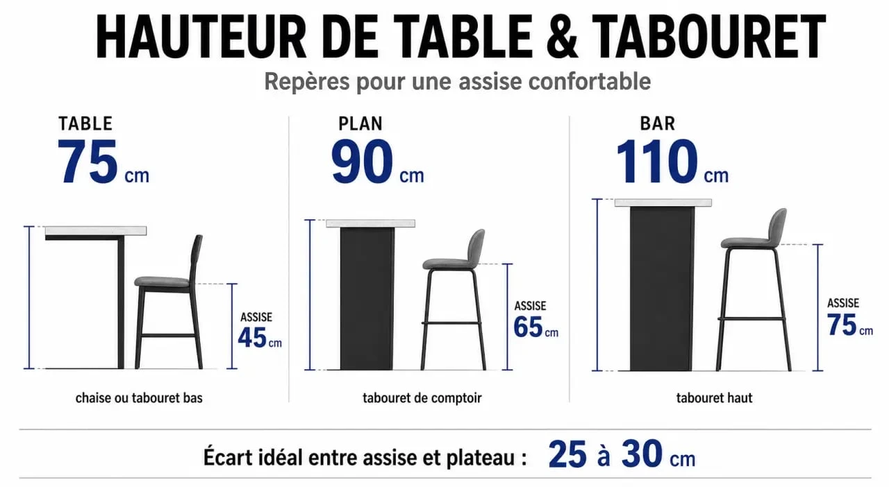Comparatif des hauteurs de table haute cuisine et tabourets adaptés