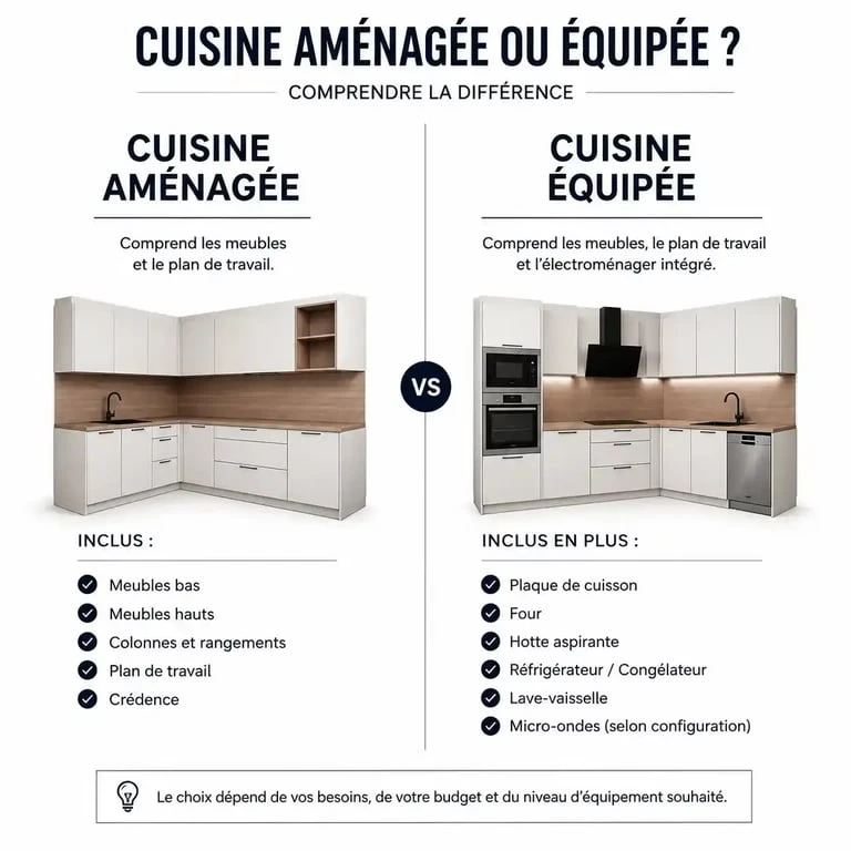 Infographie comparative entre une cuisine aménagée et une cuisine équipée pour bien choisir son installation