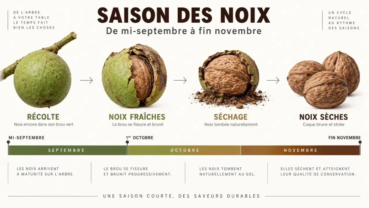 Infographie sur la saison des noix, la récolte, le séchage et la conservation