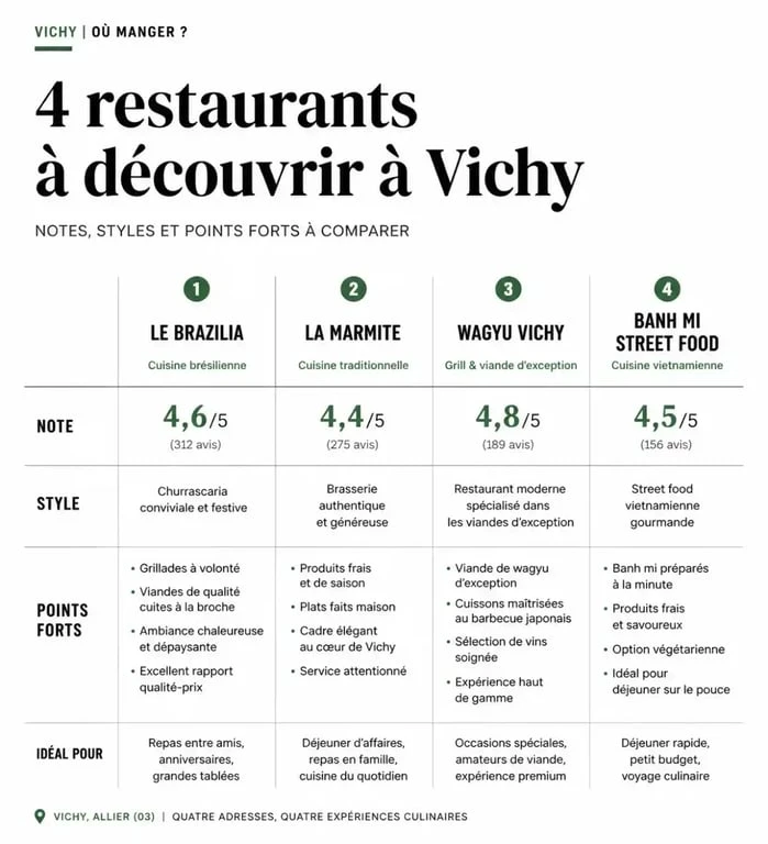 restaurant vichy petit futé : tableau comparatif des meilleures adresses à Vichy avec notes, styles et points forts