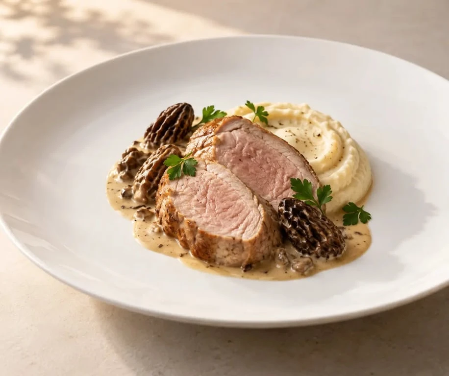 Recette veau raffinée : rôti de veau aux morilles et purée de céleri