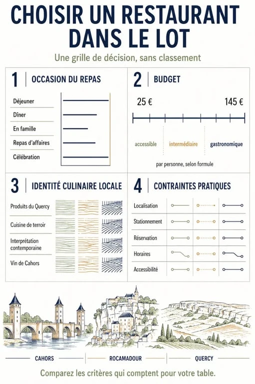 Infographie éditoriale pour choisir les meilleurs restaurants du Lot selon le budget, la cuisine et la localisation