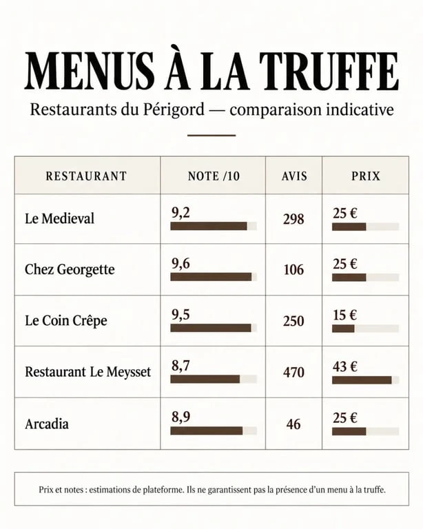 Comparatif des restaurants avec menu truffe Périgord à Sarlat