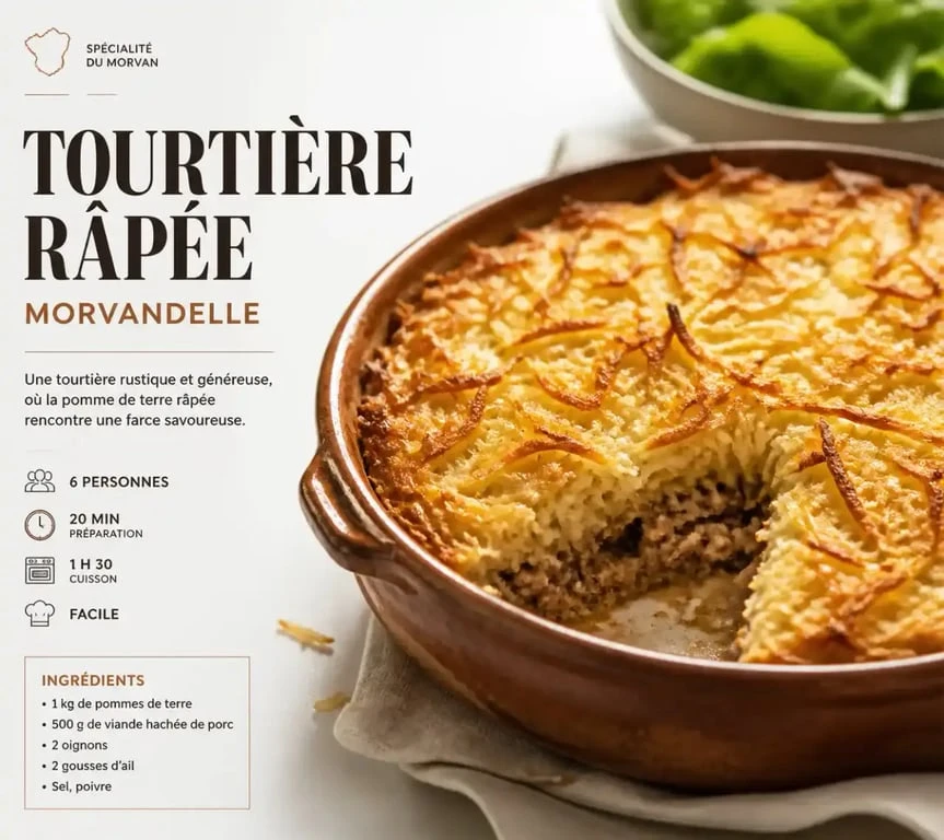 Tourtière râpée morvandelle, spécialité gastronomique du Morvan, servie dans un plat traditionnel