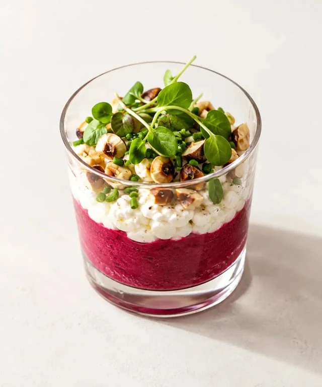 Recettes d’entrées simples et originales : verrine de betterave, faisselle et noisettes