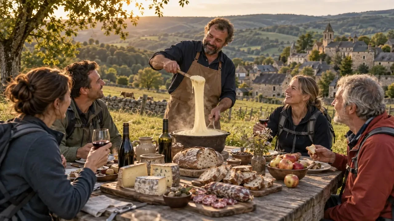 Étape gastronomique lors d'une randonnée gourmande en Aveyron avec des produits du terroir