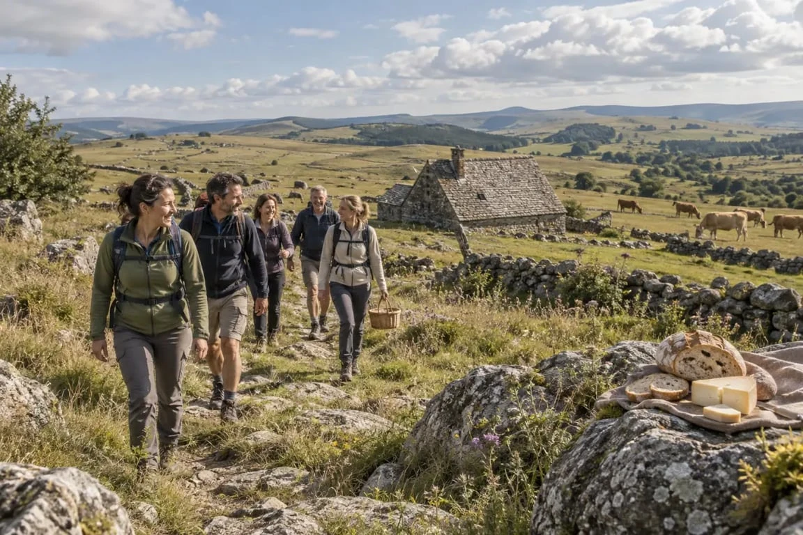 Randonnée gourmande en Aveyron sur les sentiers de l'Aubrac avec un buron