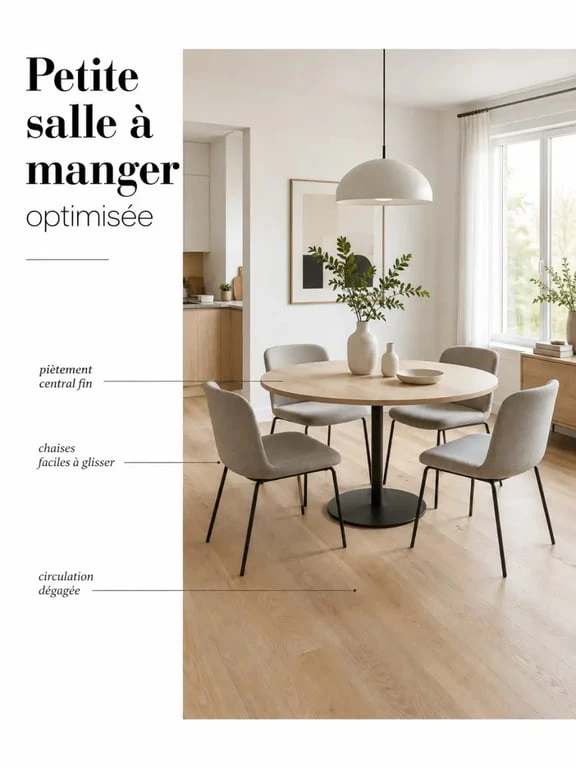 Table ronde salle à manger dans une petite pièce lumineuse avec piètement central