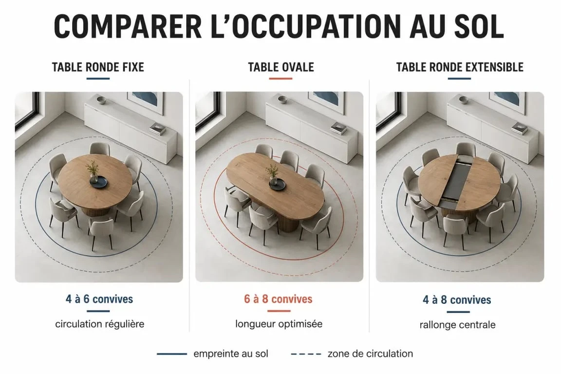 Table ronde salle à manger : comparaison visuelle entre table ronde fixe, ovale et extensible