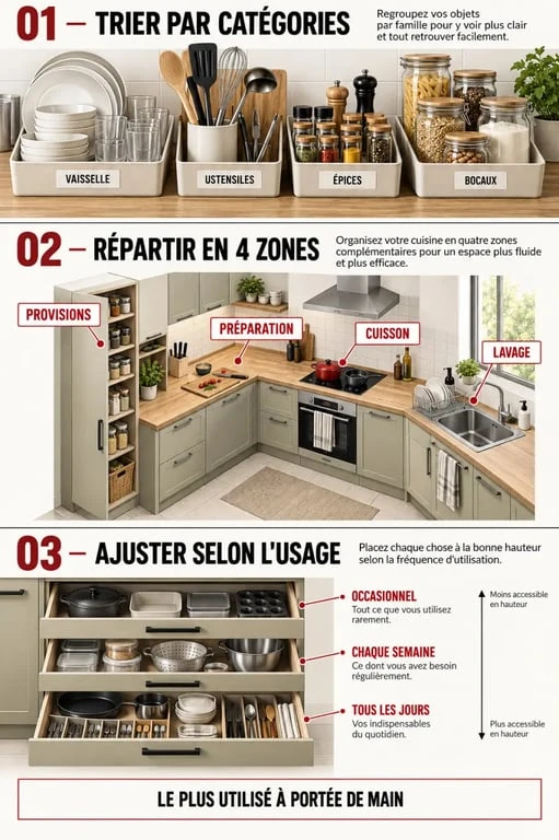 Schéma visuel pour comprendre comment organiser la cuisine selon quatre zones fonctionnelles