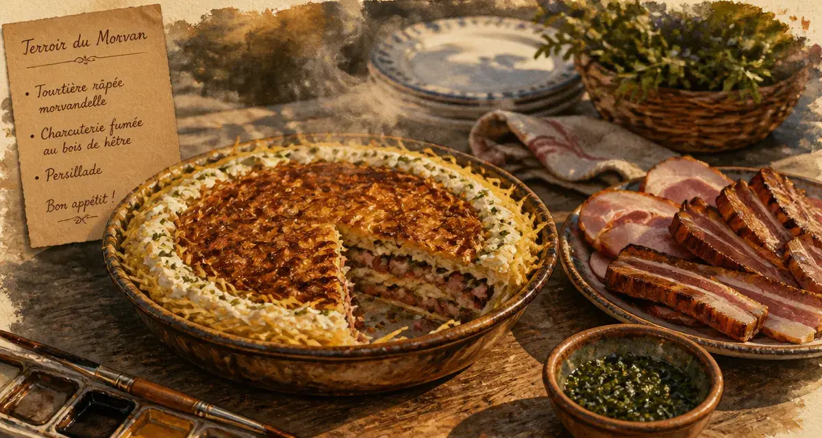 Gastronomie morvan : tourtière morvandelle et charcuteries fumées, table bois