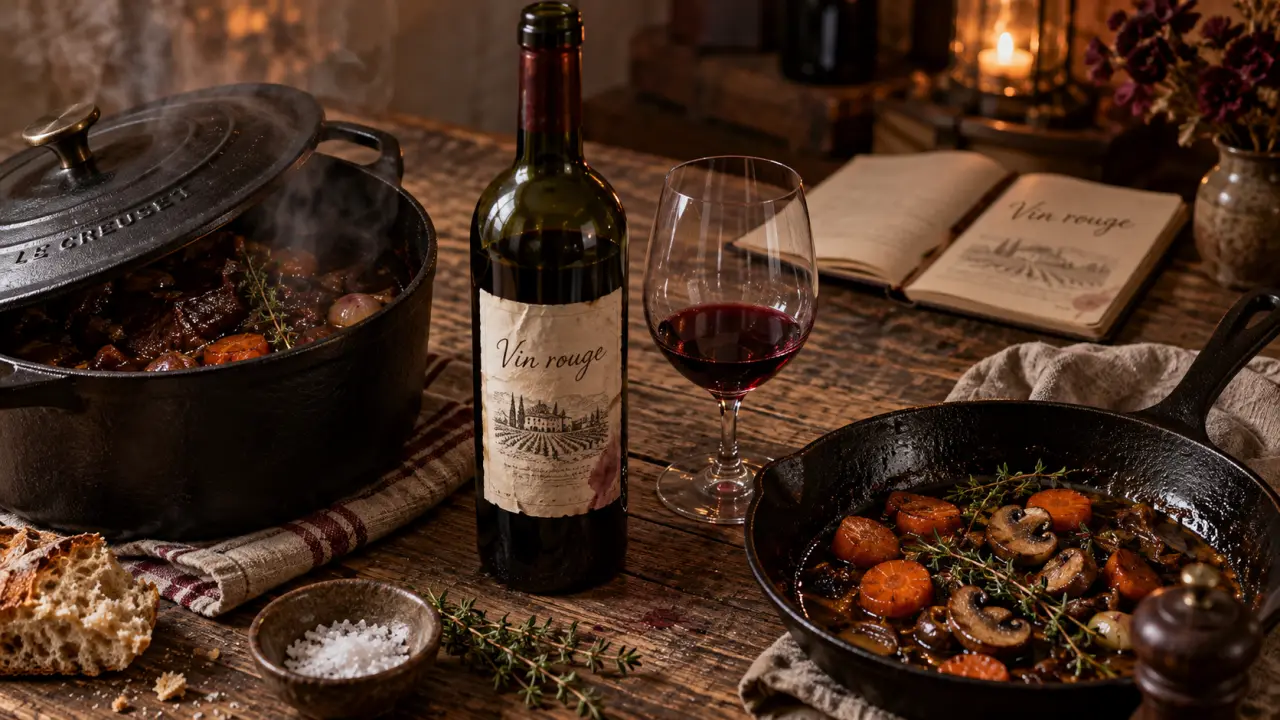 Recette avec vin rouge : sauce mijotée, cocotte et sucs de déglacage