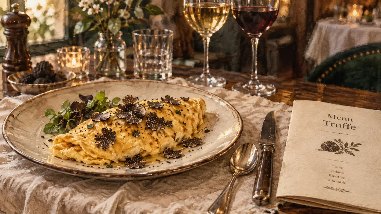 Restaurant menu truffe périgord : omelette truffe noire sur menu.