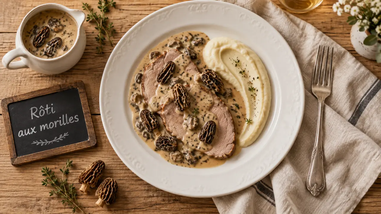 Rôti de veau aux morilles, recette veau raffinée, vue de dessus sur assiette