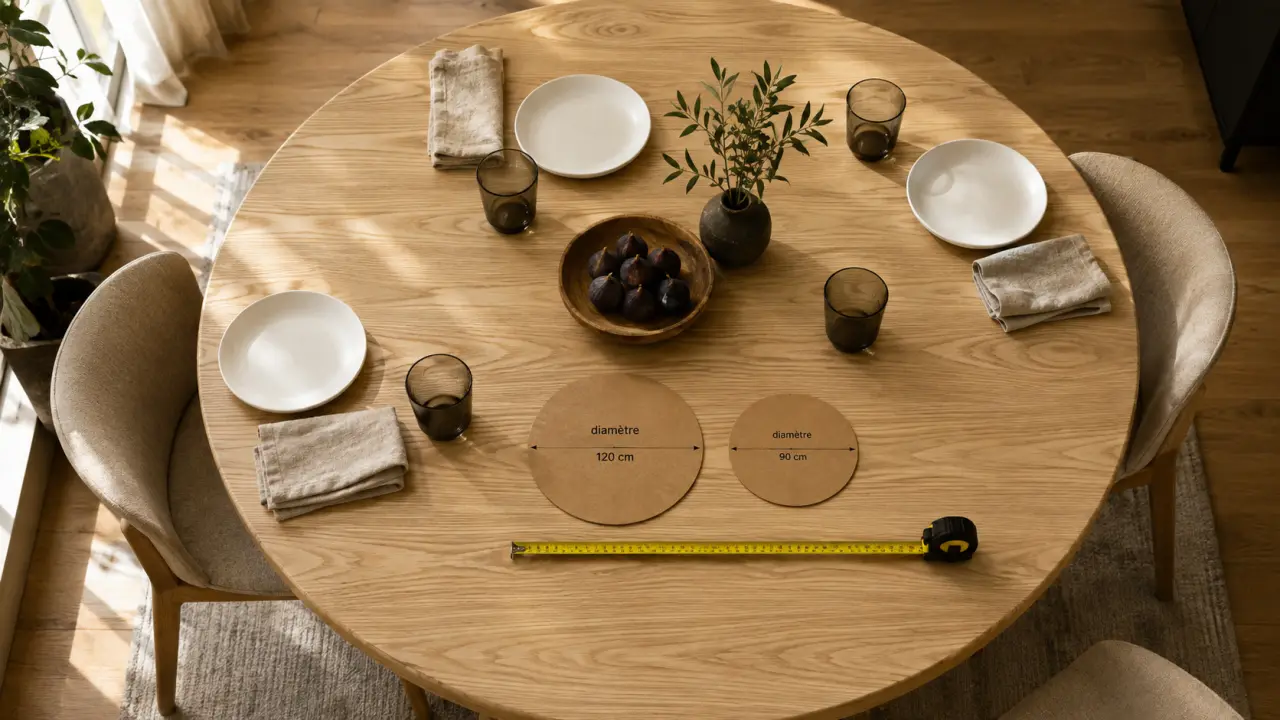 Table ronde salle à manger : table en bois clair et chaises beiges