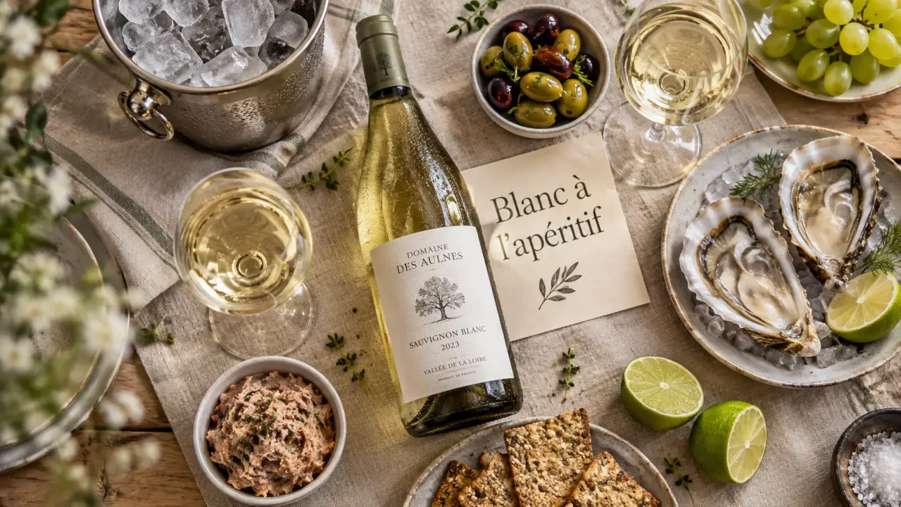 Vin blanc apero avec glaçons, verres et bouchées