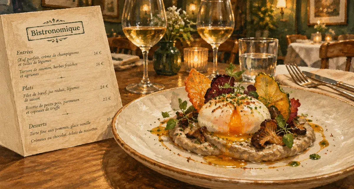 Assiette bistronomique raffinée : œuf parfait et crème de champignons au restaurant