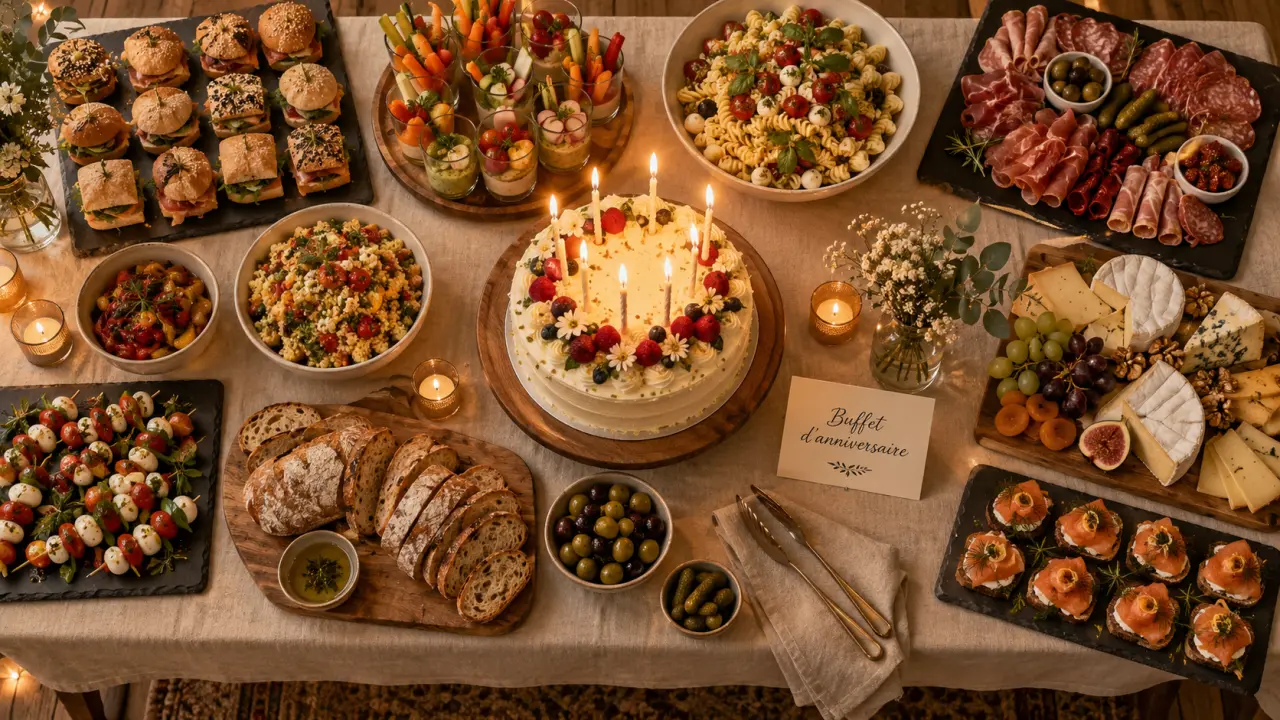 Buffet anniversaire : table froide avec mini-sandwichs et gâteau