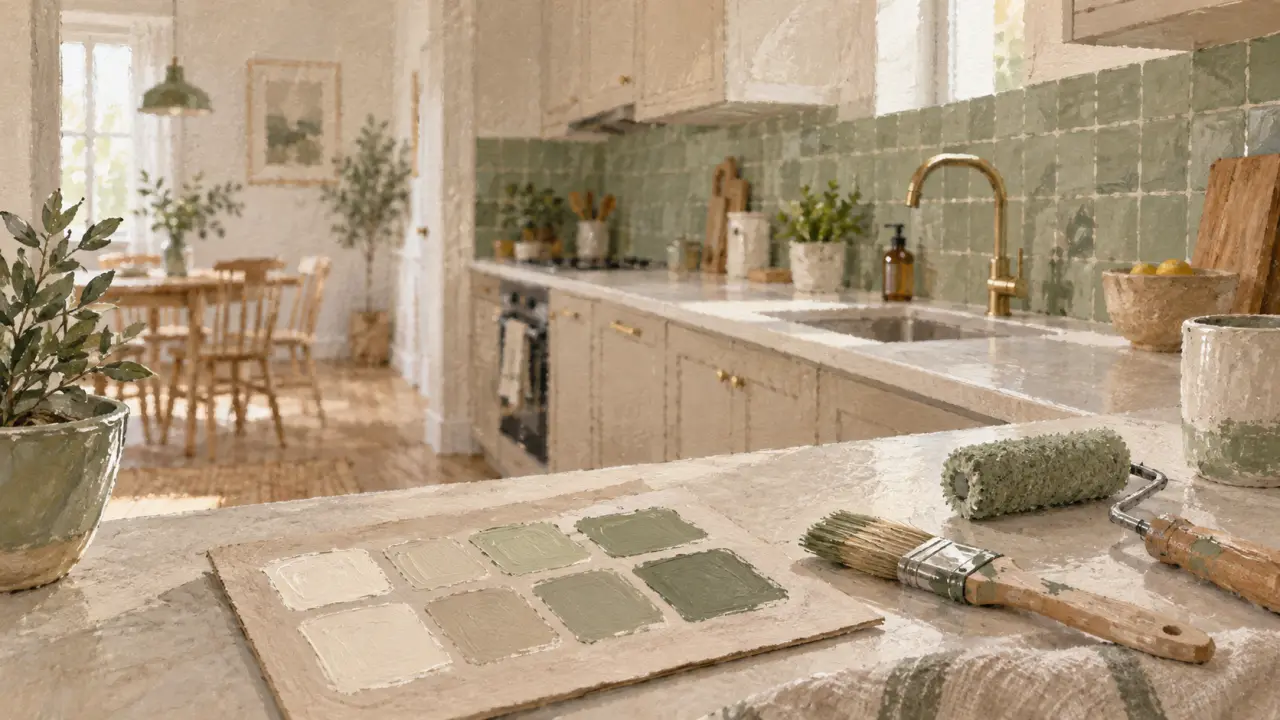 Couleur pour cuisine : blanc ivoire, façades beige sable et crédence vert sauge, nuancier sur plan de travail
