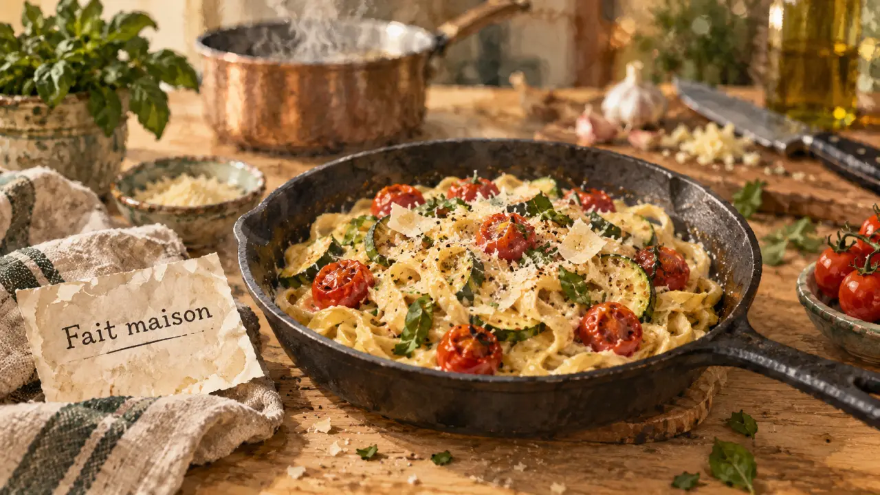 Cuisine fait maison : mention « fait maison » sur une poêle et des pâtes