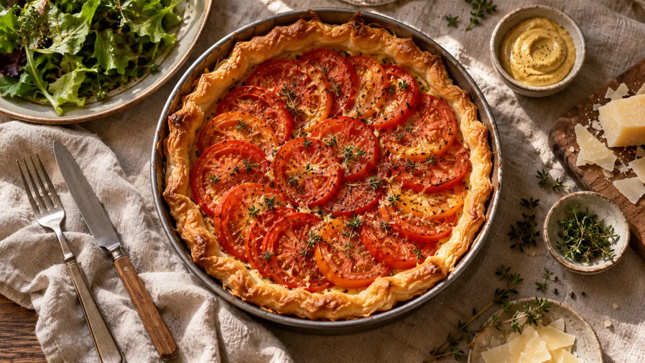 Cuisine et vin de france recettes : tarte tomate-moutarde avec salade et moutarde Dijon