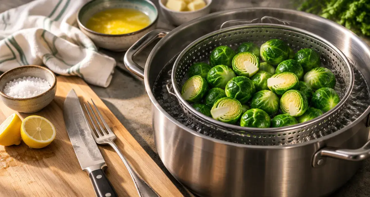 Cuisson des choux de Bruxelles à l eau : choux verts en panier dans l eau frémissante