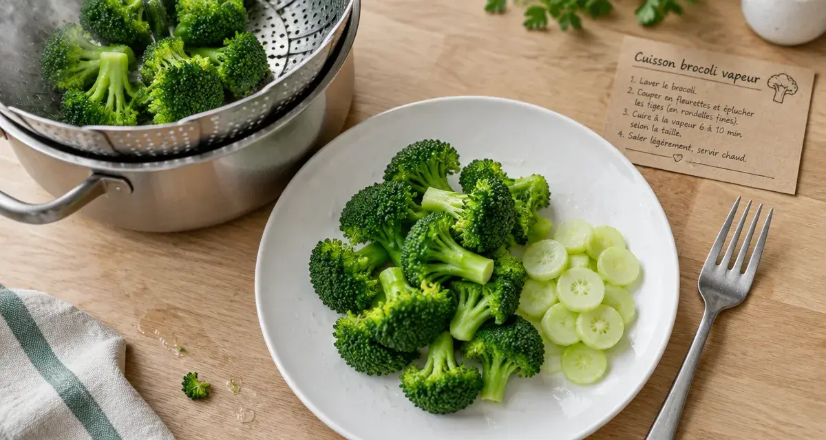 Cuisson du brocoli vapeur : brocoli vert croquant, vapeur et égouttage