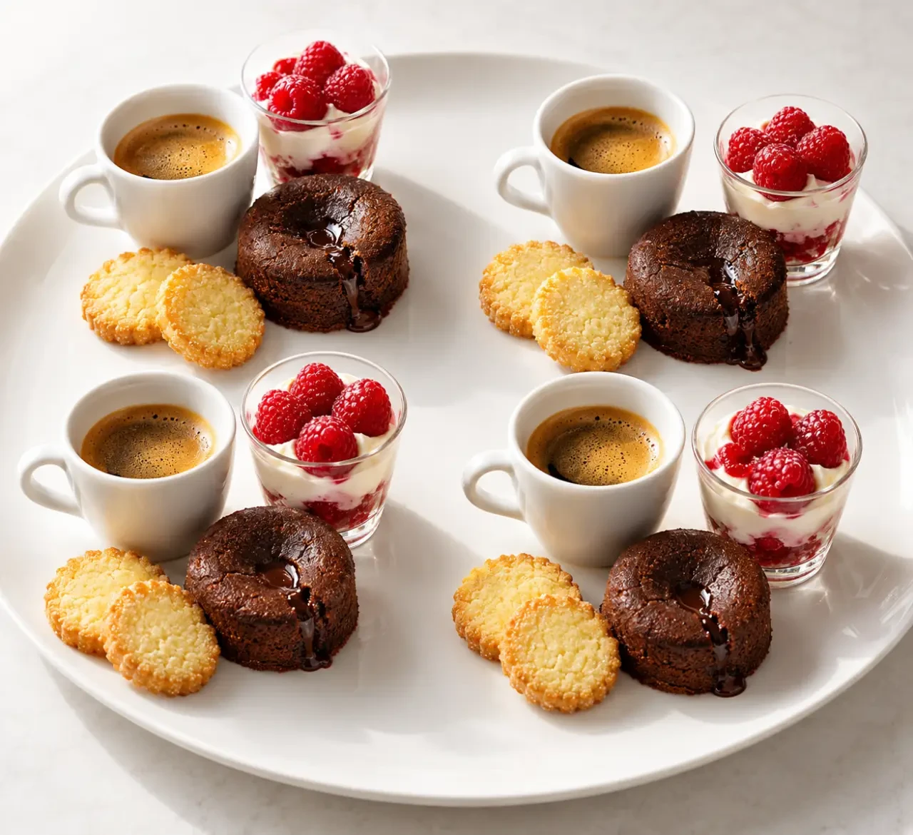 Recette café gourmand maison avec mini-moelleux au chocolat, verrine aux framboises et sablés au citron