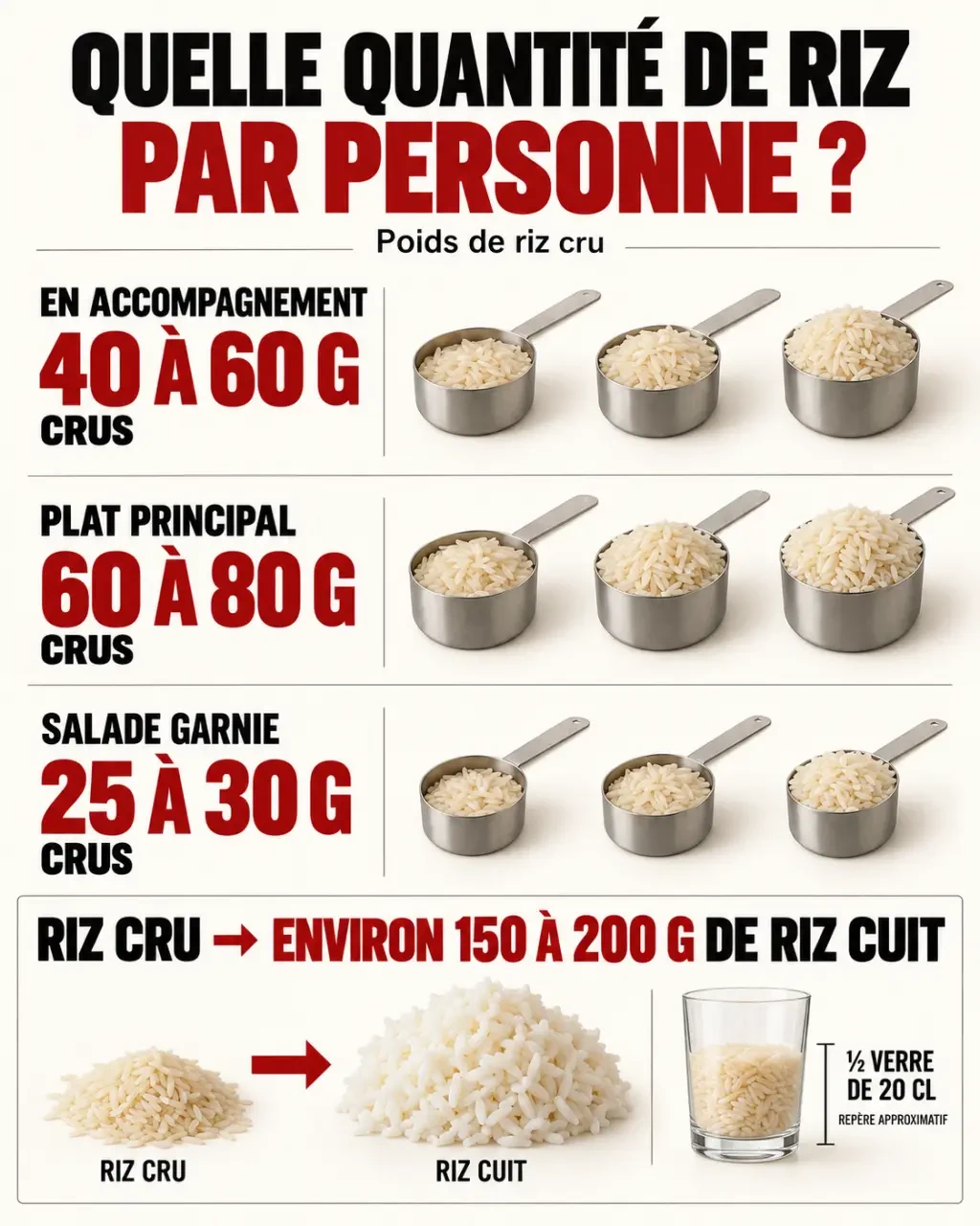 Infographie sur les grammes de riz par personne, du riz cru au riz cuit