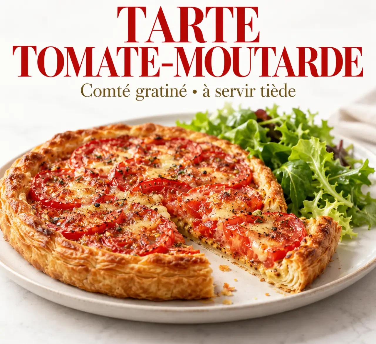 Cuisine et Vin de France recettes : tarte tomate-moutarde maison servie avec une salade