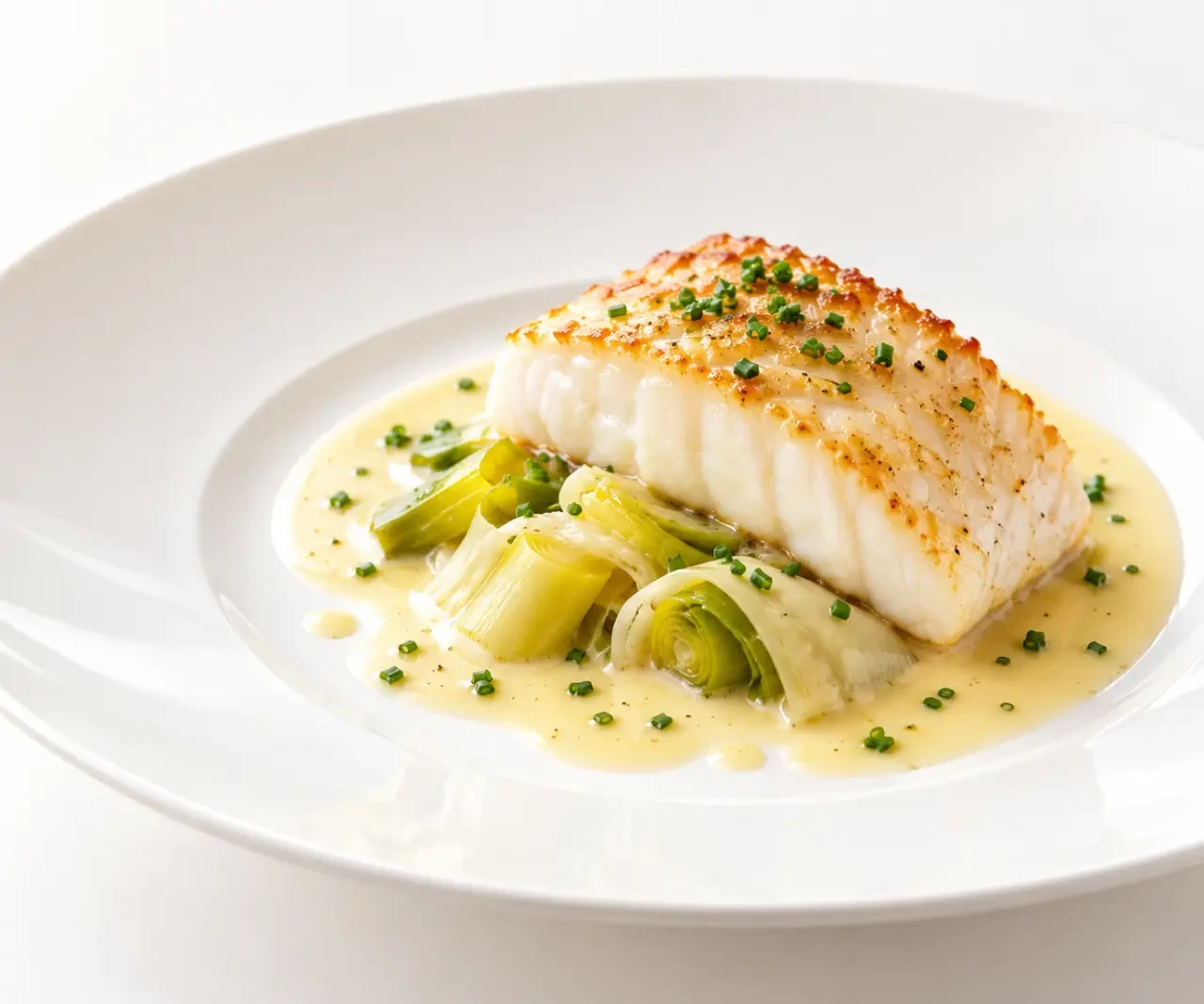 Recette gastronomique de poisson : cabillaud au beurre blanc et poireaux fondants