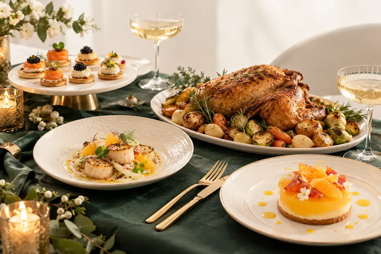 Menu nouvel an 2025 festif avec amuse-bouches, plat raffiné et dessert aux agrumes