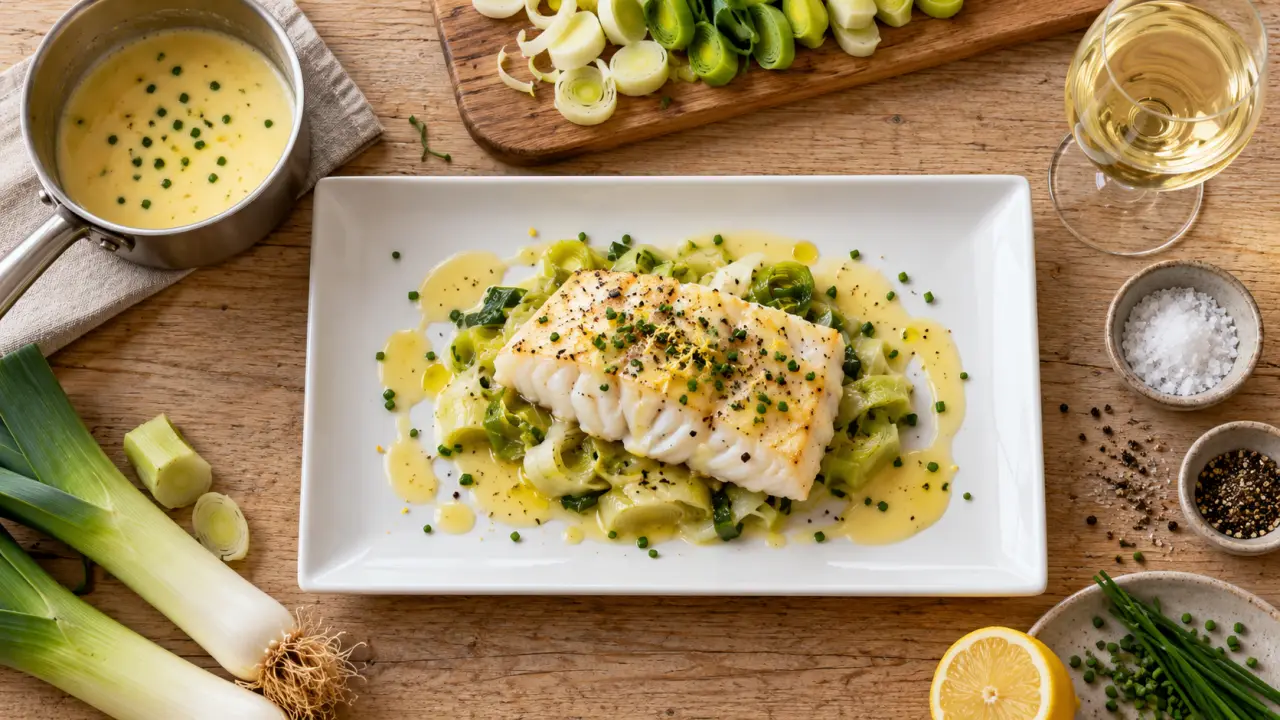 Recette gastronomique poisson : cabillaud nacré, beurre blanc et poireaux fondants